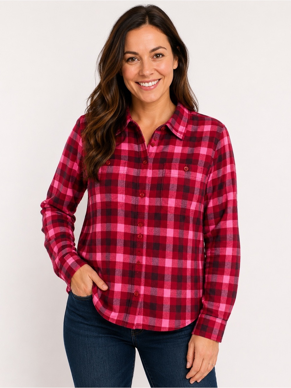 St. John’s Bay Women’s Petite Small Red Pink Plaid Button Down Flannel Shirt - Picture 1 of 5